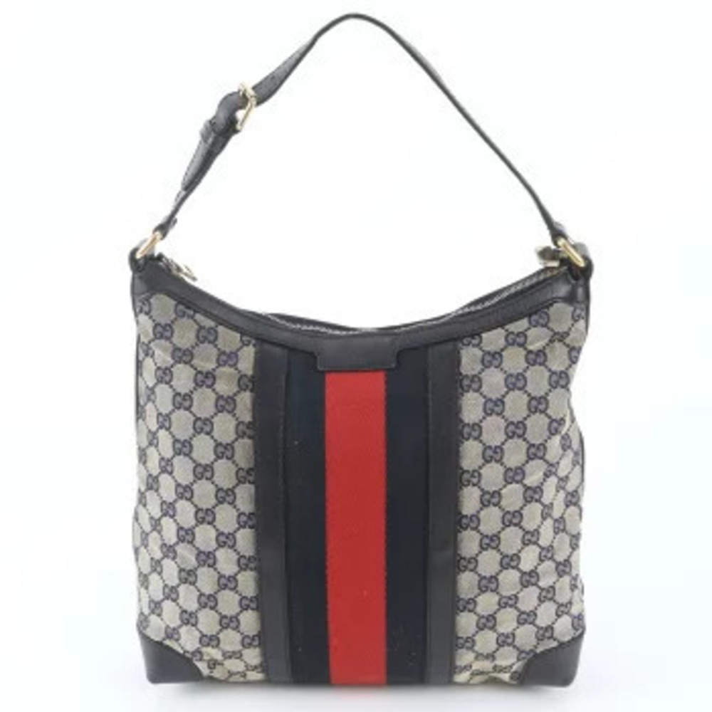 Gucci GG Canvas Sherry Leather Hobo Shoulder Bag Black Gray